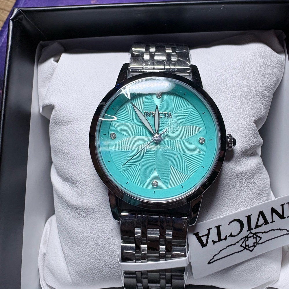 INVICTA Turquoise Dial Silver Bracelet Watch with Floral Motif